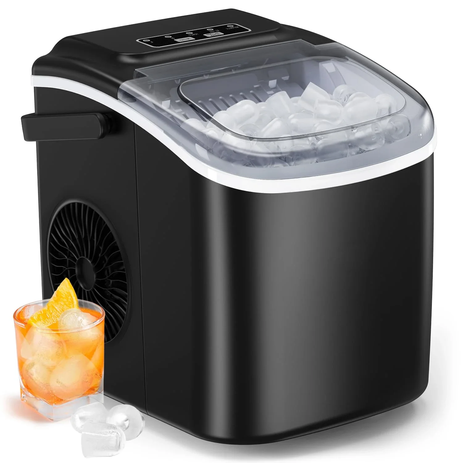 Eficiente e conveniente bancada Ice Maker, produzindo 9 cubos em 6 minutos, equipado com auto-CLC, produzindo 6 minutos, alimentado de 26 libras em 24Hrs