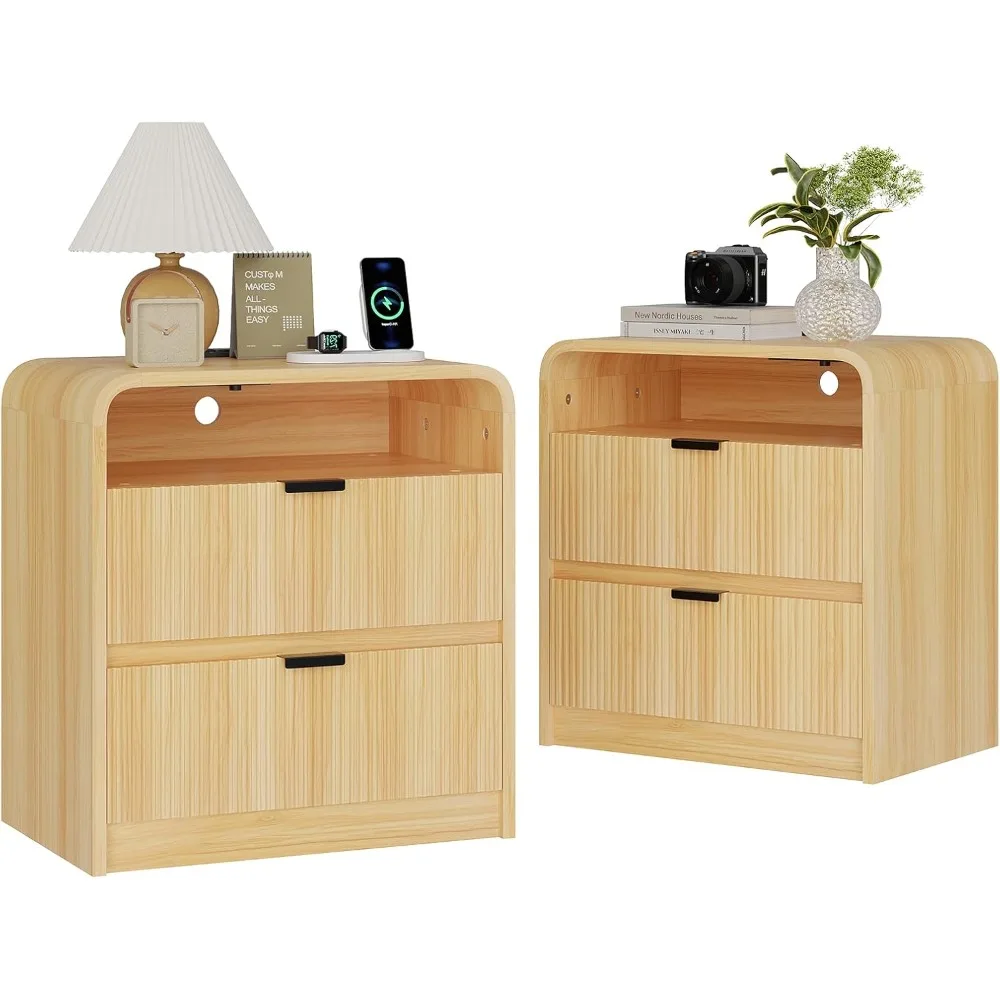 

pair of 24 inch fluted nightstands with charging stations, wooden end tables featuring 2 drawers storage, curved profile design,