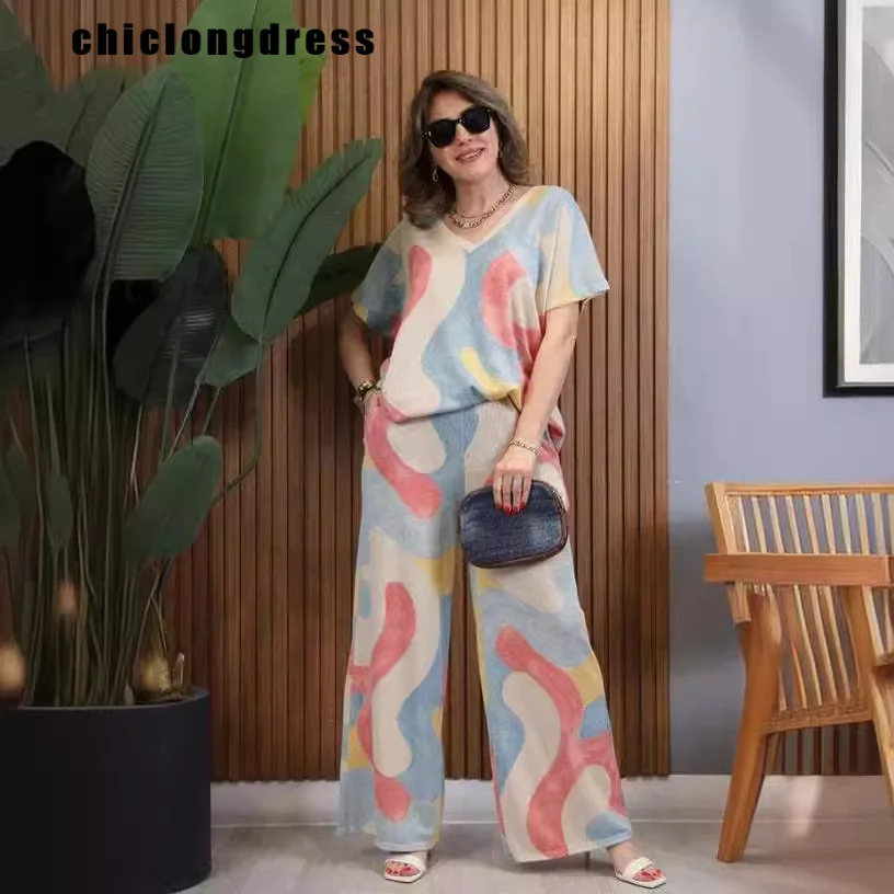 

Summer Fashion Printed Two Piece Set Women Casual Sports Style Printed Tshirt Wide Leg Pants Two Piece Set Women