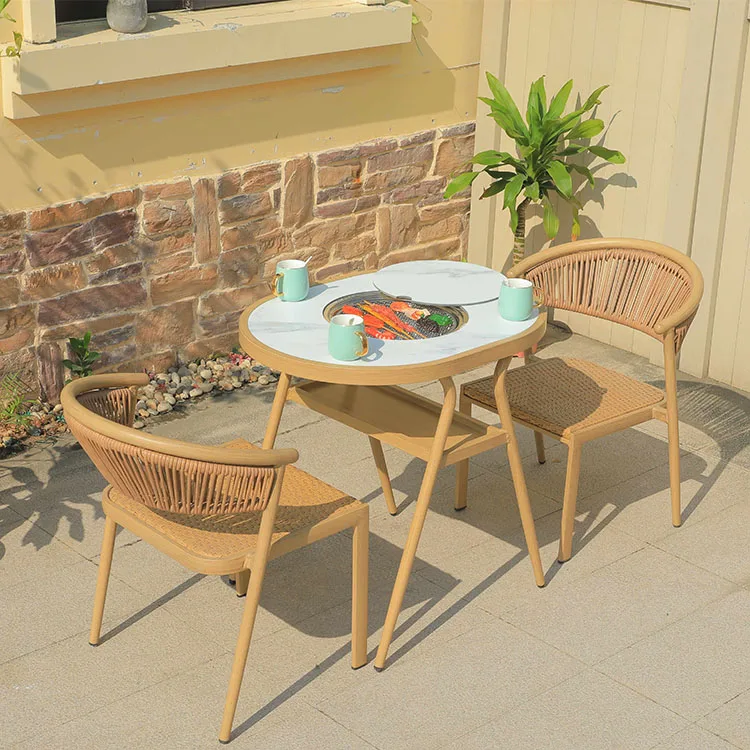 3-Piece Modern Aluminum Rattan Compact Outdoor Dining Set Grill BBQ Table 2 Chairs-Weather Resistant Garden & Living Room Use