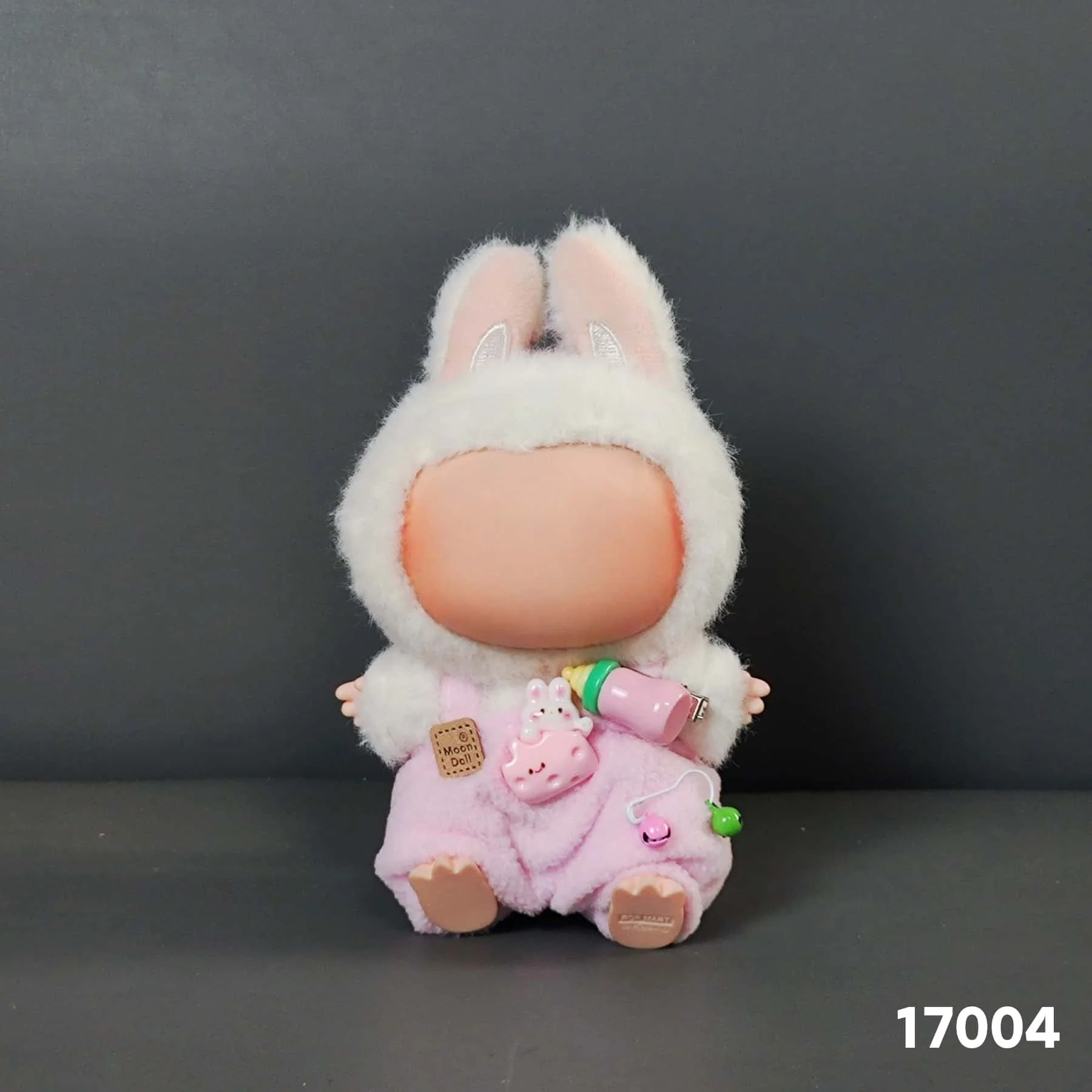 

17cm Labubu Doll Outfit Set Plush Hooded Pink Overalls With Bottle Decor Cute Doll Clothes DIY Kid Gift Fashion Accessories