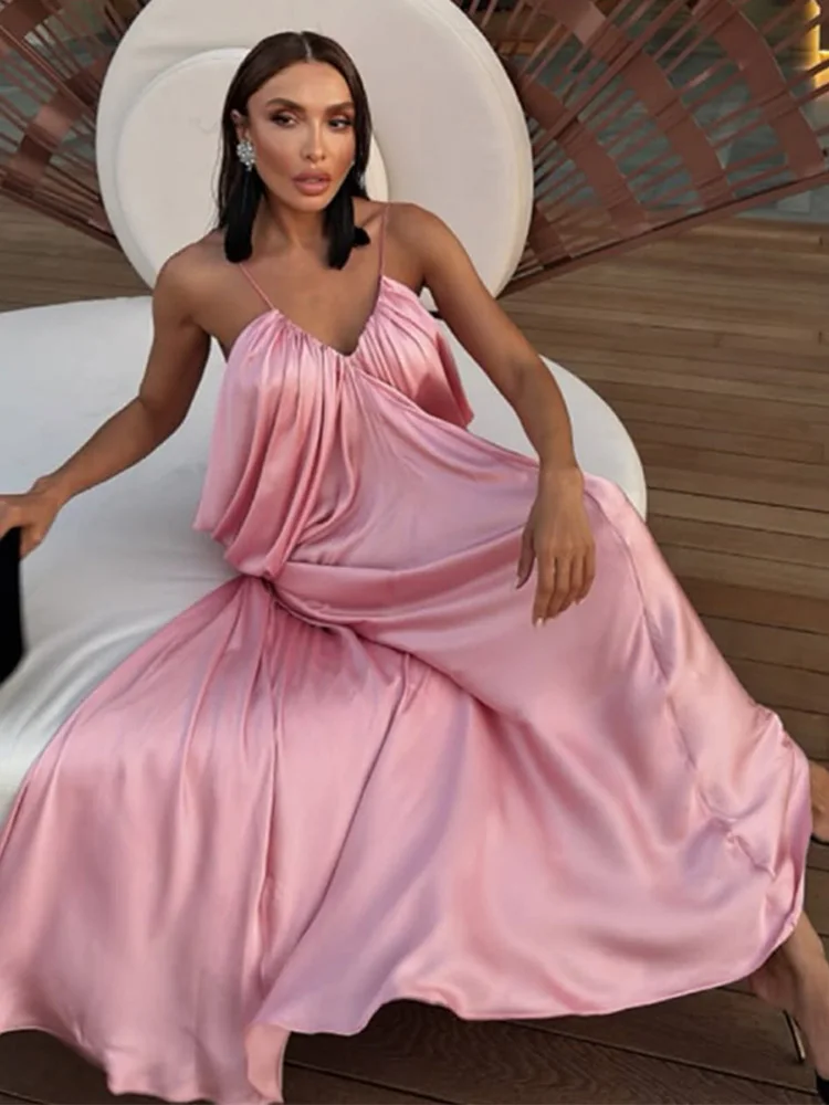 

Pink Loose Pleated Dress For Women Fashion V-neck Backless Sleeveless Sling Vestidos 2025 Summer Female Evening Party Gowns
