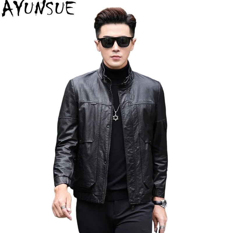 AYUNSUE 100% Genuine Leather Jackets Man Top Layer Cowhide Short Leather Coat Stand Collar Slim Men Leather Jacket Motorcycle