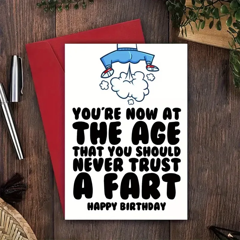 Funny Birthday Cards with Vulgar Jokes - "Your Age Shouldn't Trust Any Fart" Adult Humorous Greeting Cards for Moms, Dads, Friends - office supplies with cartoon design and fart humor, birthday cards, striking text, sturdy construction, humor