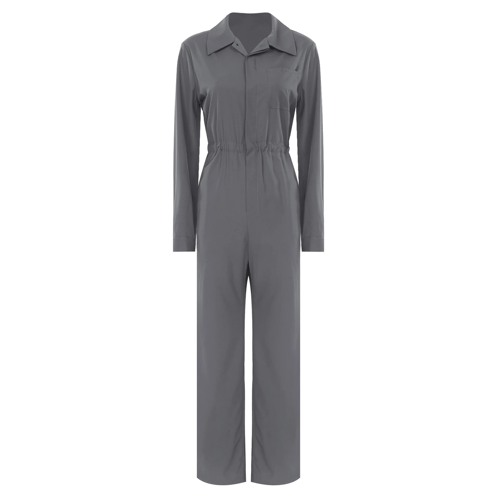 Womens Fashion Coverall Rompers Solid Color Turn-Down Collar Long Sleeve Button Jumpsuit Casual Work Travel Holiday Cargo Pants