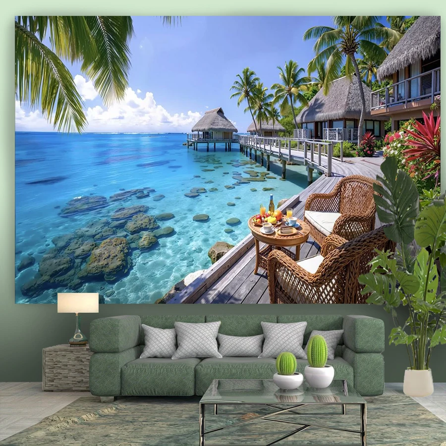1PC Tropical Beach Resort View Print Backdrop Banner, Bedroom Living Room Photo Background, Polyester, Home Decor, Wall Art