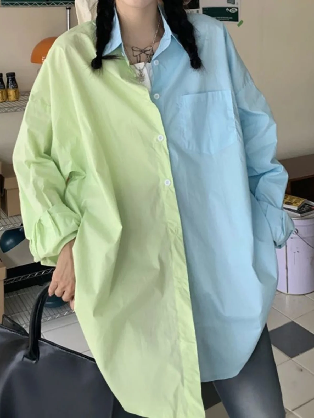 

Повседневная свободная рубашка с длинным рукавом в уличном стиле, свободного кроя, с отложным воротником, для женщин, весенний сезон, стандартная длина рукава