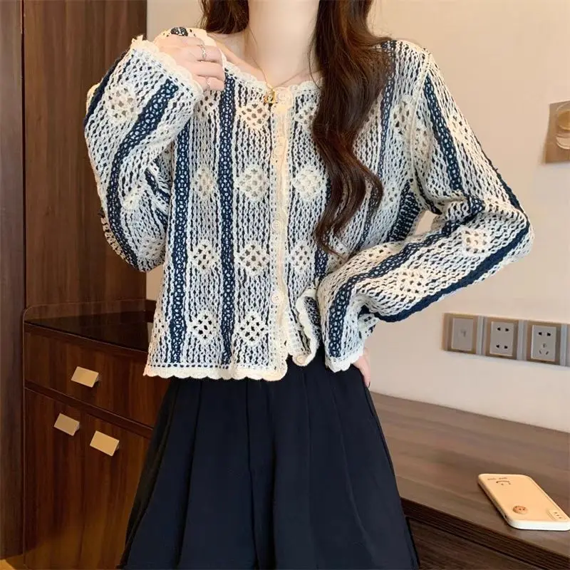 Spring Autumn New Multicolor Sweater Women High Street Round Neck Long Sleeve Fashion Cardigan Elegant Hollow Out Button Tops