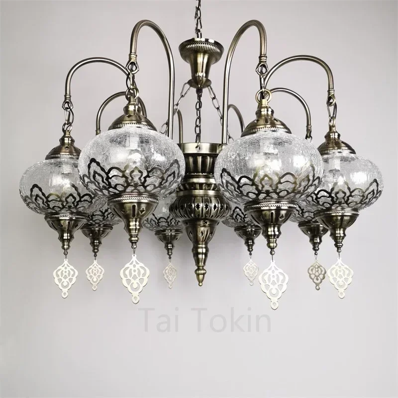 Moroccan Ice-Cracked Glass Ball Chandelier Iron Art Pendant Light for Hotel, Restaurant & Villa Decor