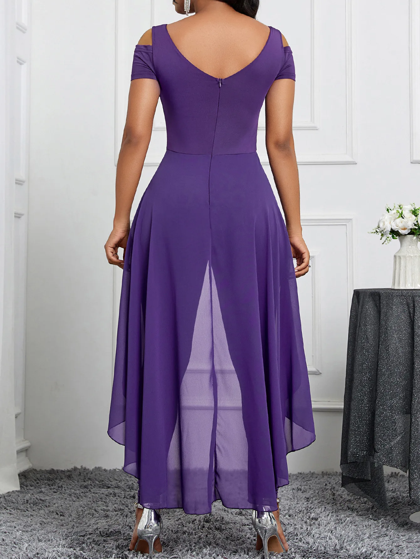 Ladies elegant solid color hollow out jumpsuit with cold shoulder purple charming mother's dress dress