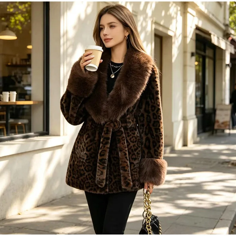 Tie Waist Faux Fur Coat Leopard Pattern Shawl Lapel Furry Cuff Splicing Long Sleeve Loose Chic Jacket 2026 Women's Fashion Coats