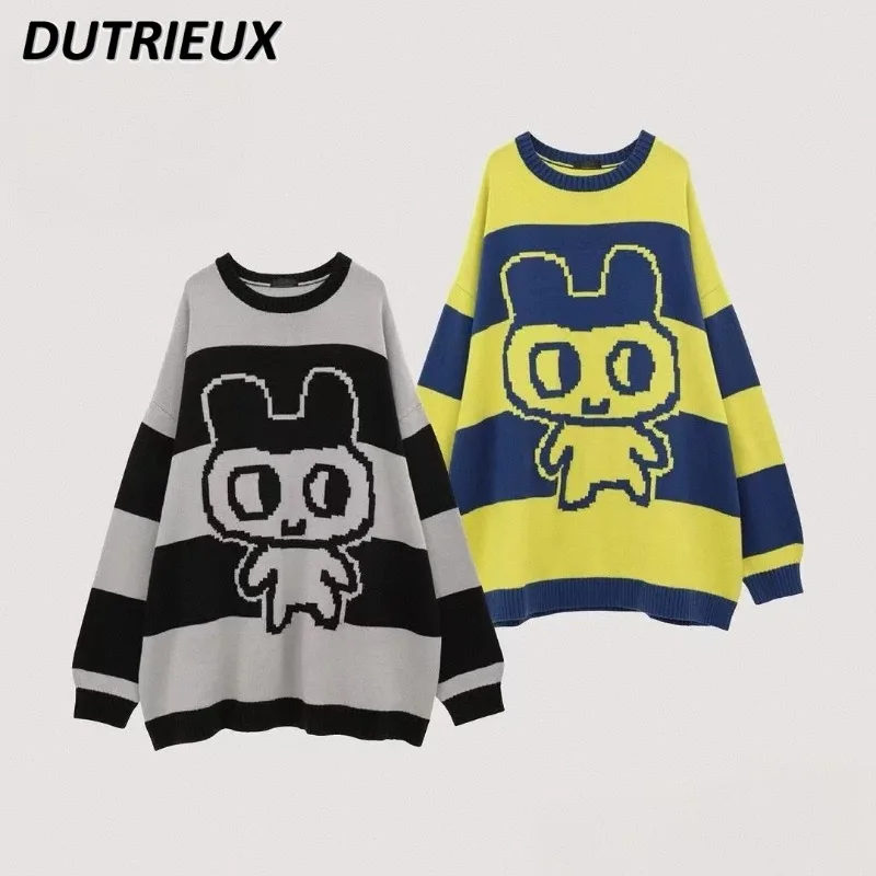 

Japanese Autumn and Winter New Cute Crochet Striped Mid-length Sweater Sweet Girls Crew Neck Versatile Outer Jumper Pullover