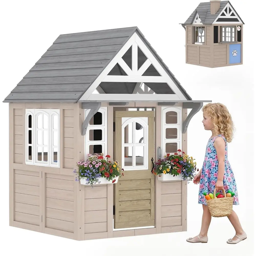

Qaba Outdoor Playhouse, Wooden Kids Playhouse with Dog Door, Kids Cottage with Cookware, Planter Box, , Blackboard, Clock or Bac