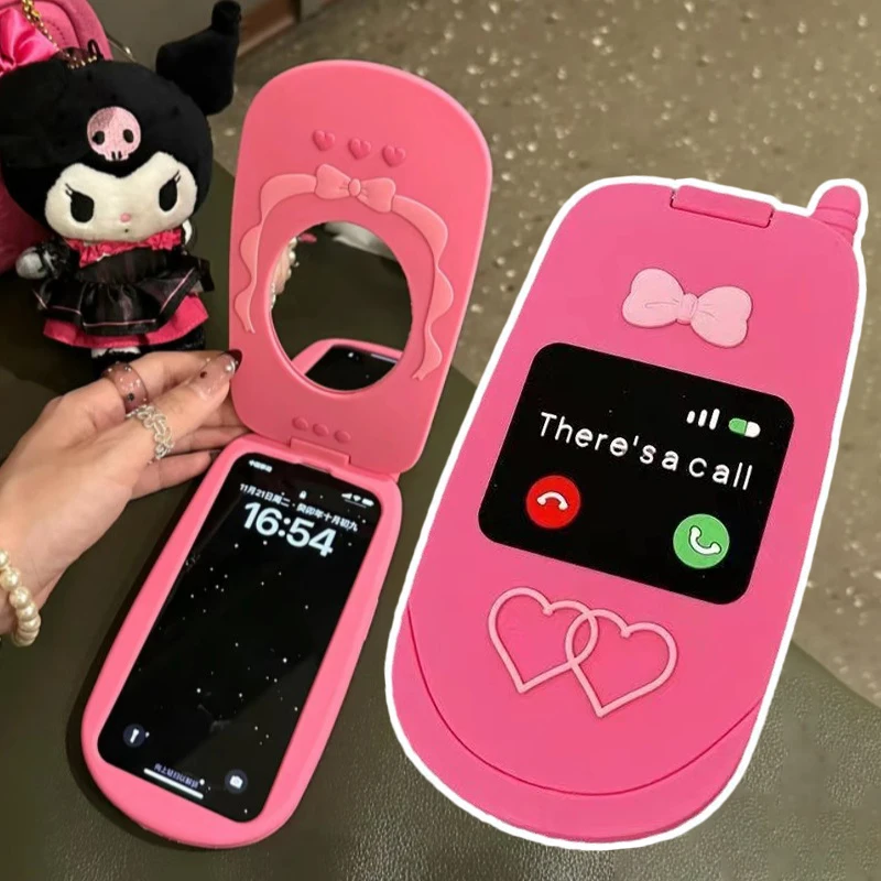 Kawaii Hello Kitty Dopamine Sanrio Flip Phone Case Iphone15 11 12 13 14 15Pro Max Mirror Phone Case Mobile Phone Case Cover Girl