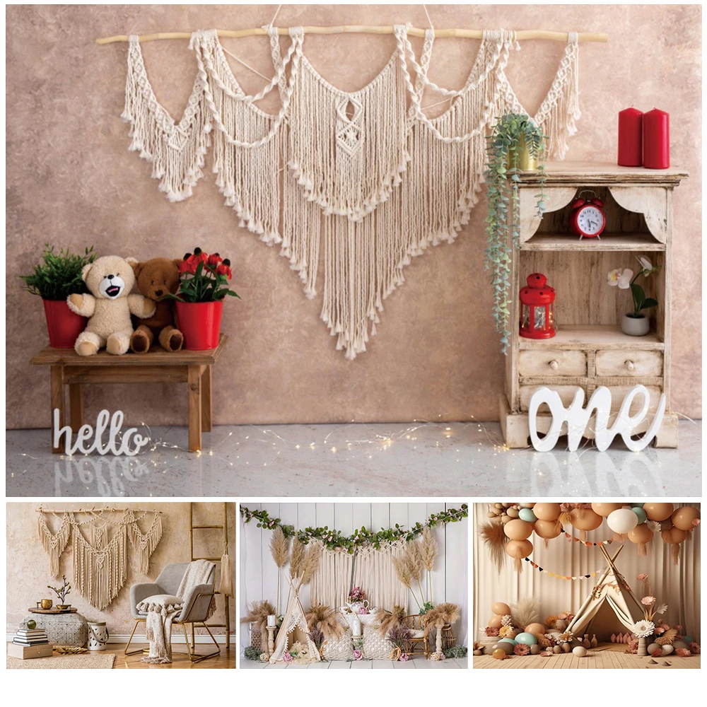 

Bohemian Poise Photography Backdrop White Tent Tassels Balloon Cake Smash Decor Baby Shower Birthday Party Background Photozone