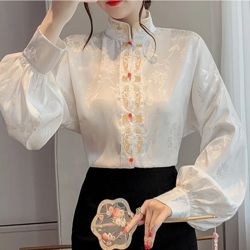 2024 New Summer Elegant Fashion Solid Color Print Retro Office Lady Women\'s Clothing Chinese Style Embroidery Turtleneck Tops