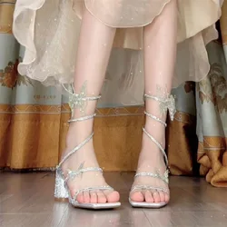 Comemore Summer Crystal Snake Winding Sandals High Heels 2024 Women Bling Butterfly Roman Sandal Female Sweet Flat Sandals Shoes