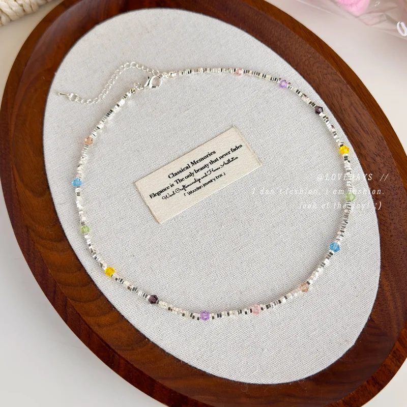 Unique Crushed Silver Shape Colorful Crystal Beaded Collarbone Necklace Light Luxury Premium Standard Length Multicolor
