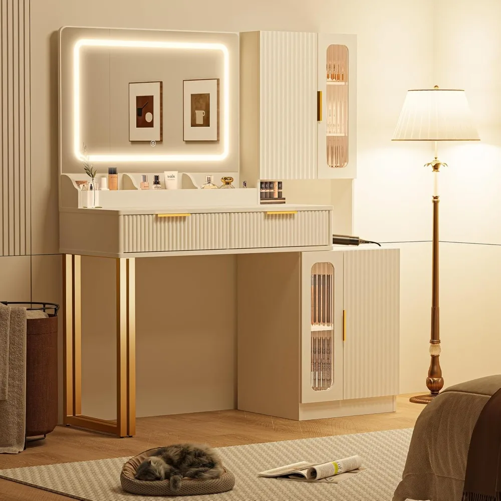 

44" Modern Makeup Vanity Desk with Mirror and Lights, Makeup Vanity with 5 Shelves& 2 Drawers and Cabinet, Customized
