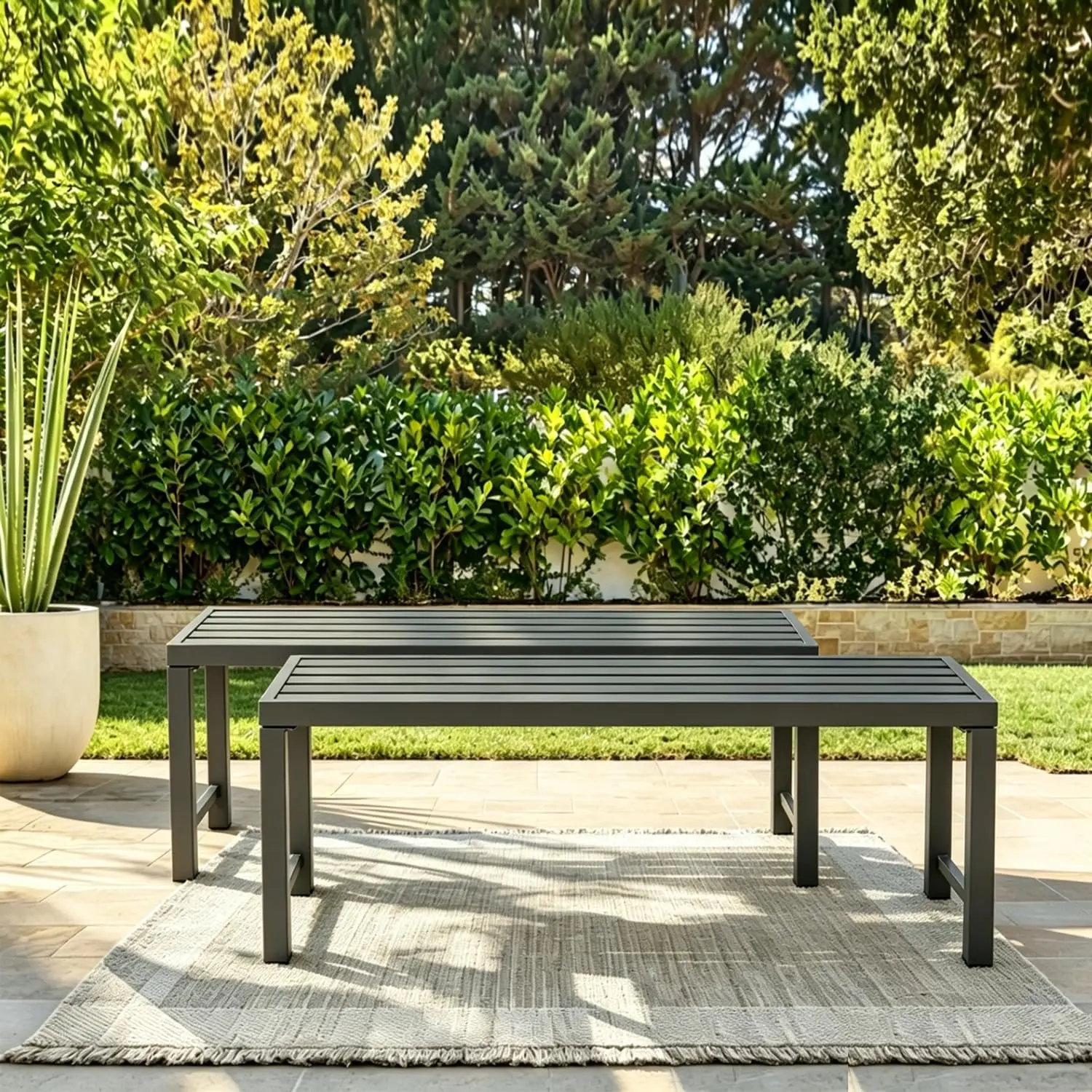 Metal Backless Bench Set of 2 Weatherproof Patio Slatted Seat Garden Porch Lawn Backyard Grey, Customized