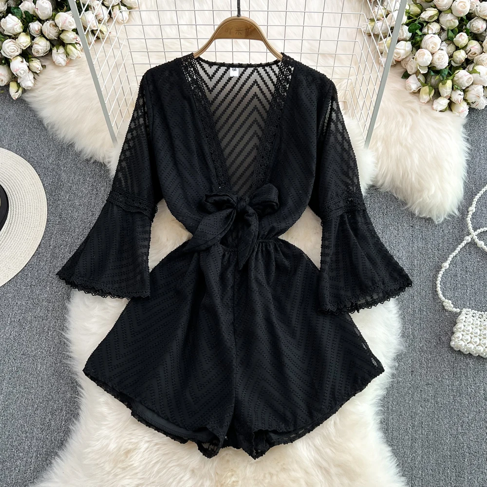 2023 Summer Fashion Flare Sleeves V-Neck Beach Resort Dress Perspective Waist Slim Wide Leg Shorts One Piece Trouser Dress