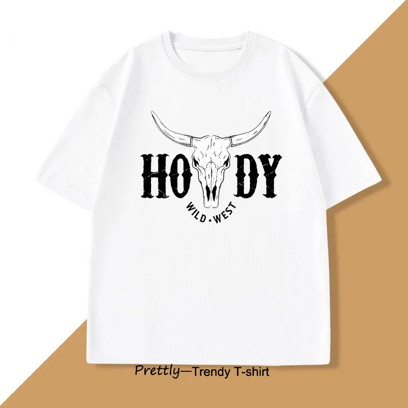 Howdy Cow Skull T Shirt Western Cowgirl Cowboy Wild West Tees Country Graphic T Shirs Women Men Tshirt Harajuku Streetwear