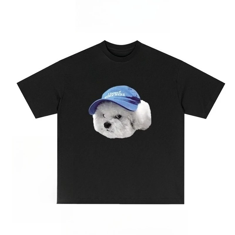 

Summer American Trendy Brand Evil Fleece Dog Cartoon Printed Short Sleeved T-shirts for Men Women Loose Casual Couple Top