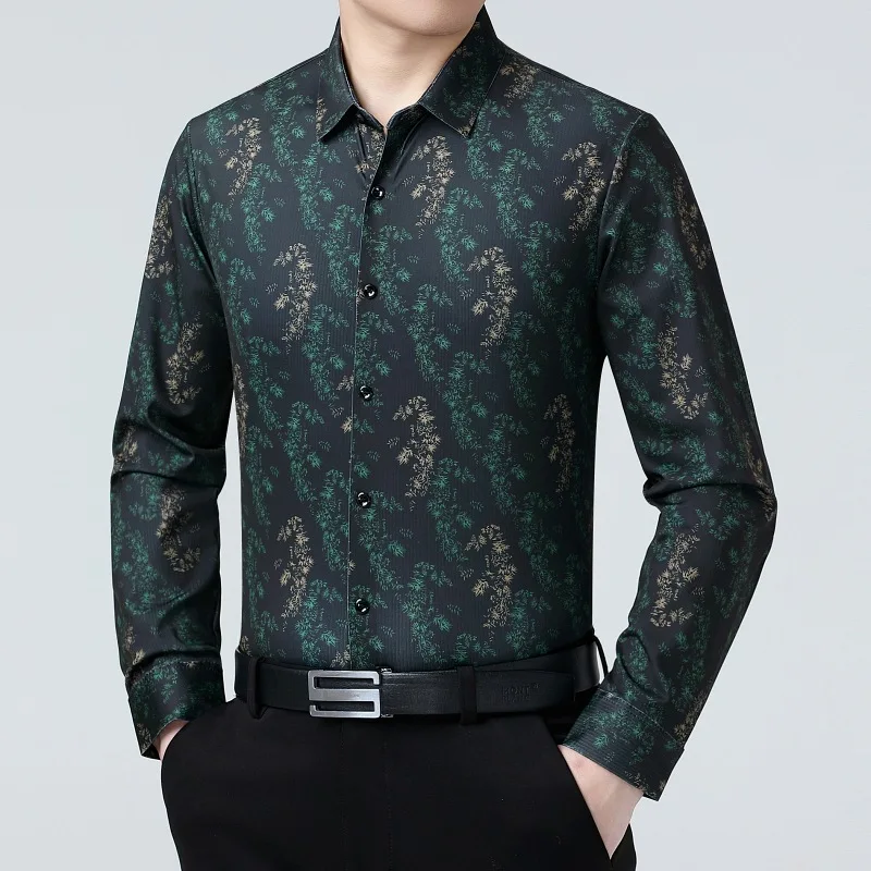 Men Long-sleeved Shirt Spring Autumn Business Casual Middle-aged Shirt Silk Pattern Top