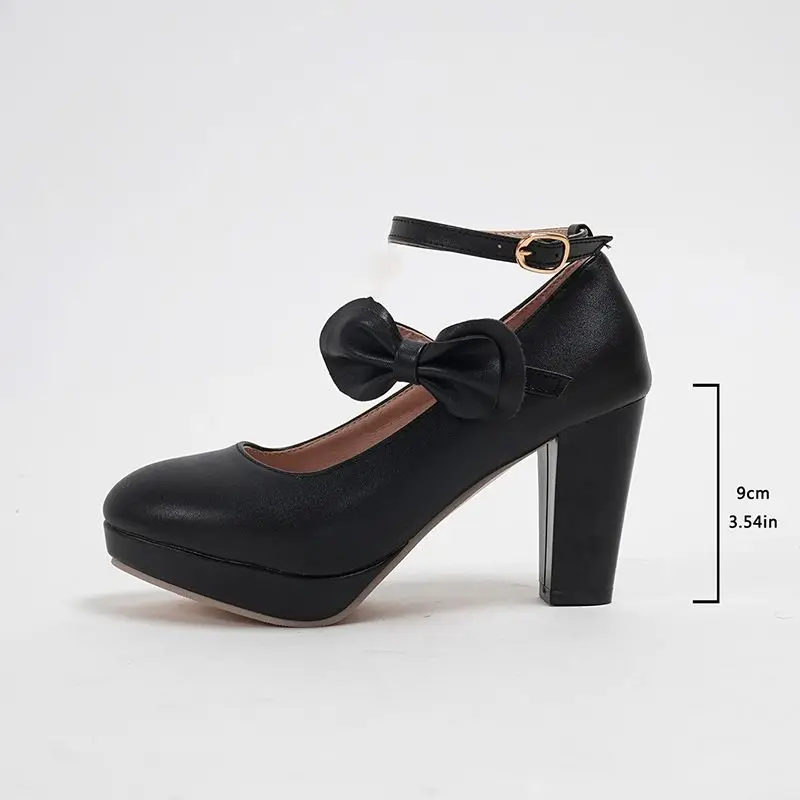 REAVE CAT Pink Sweet Women Pumps Round Toe 9cm Block Heel Platform Buckle Strap Bowknot Plus Size 42 43 44 45 Lolita Style Shoes