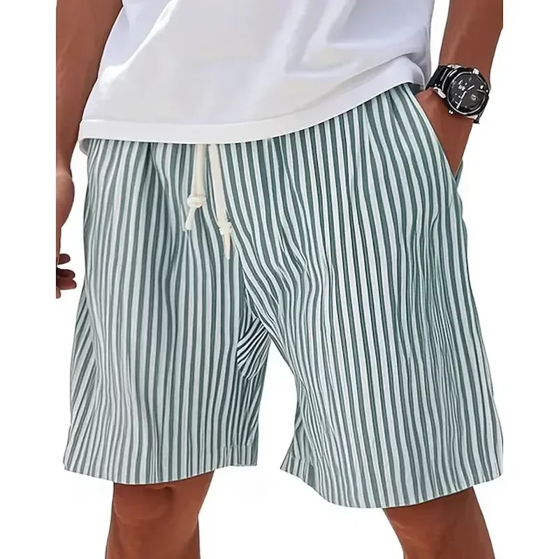 Men Blue White Striped Beach Shorts Casual Drawstring Swim Trunks Summer Daily Wear Vacation Oversized Loose Fit Board Shorts