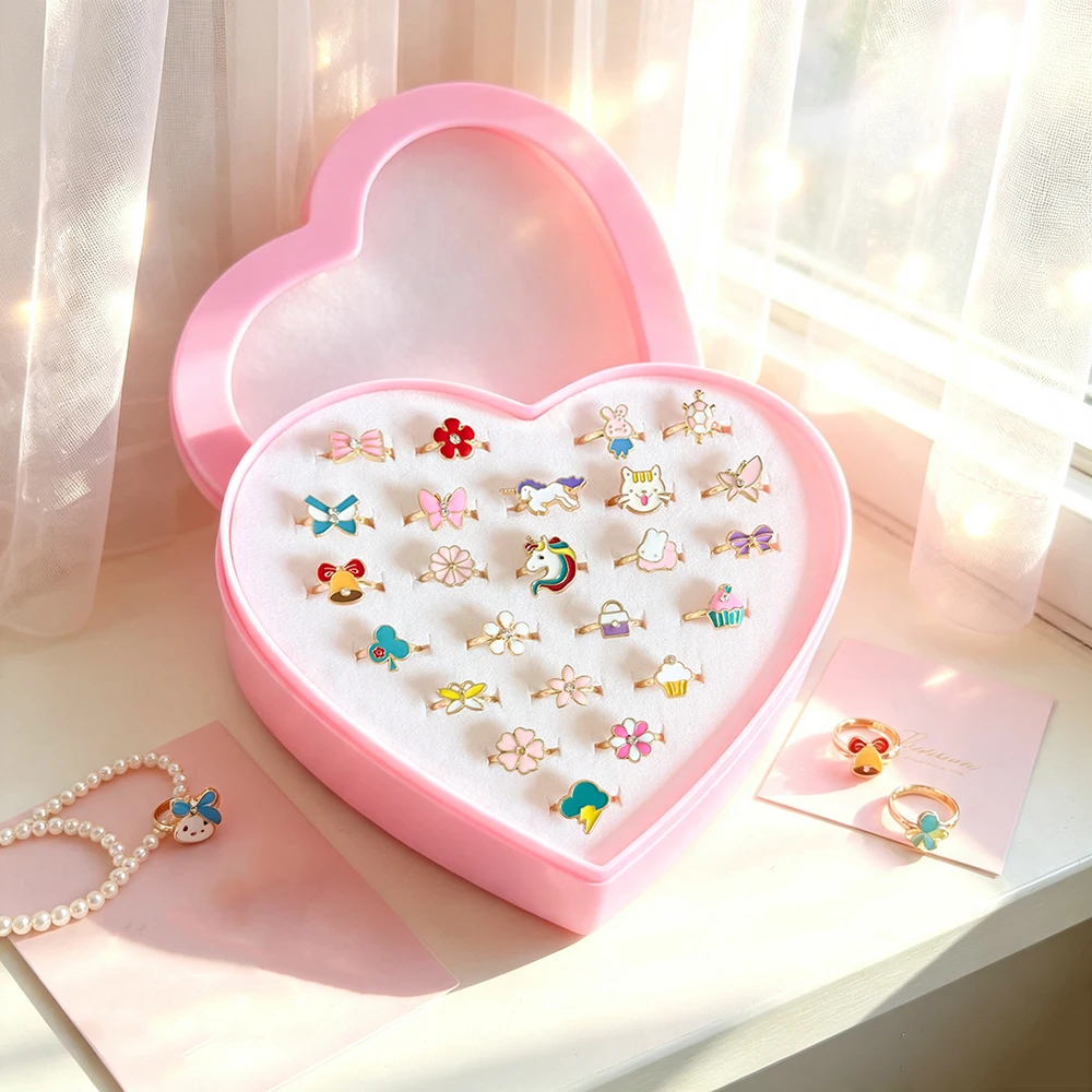 24Pcs Children's Adjustable Cartoon Ring Set Heart-Shaped Gift Box Cute Flower Unicorn Bow Pattern Ring Jewelry Party Birthday Gift for Little Girls