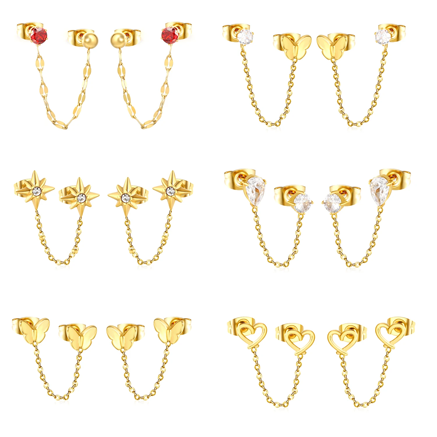 Schmetterling-Blumen Doppel-Ohrstecker für Mädchen, Vergoldeter Edelstahl Süße INS-Accessoires für Partys und Dates Schmuck