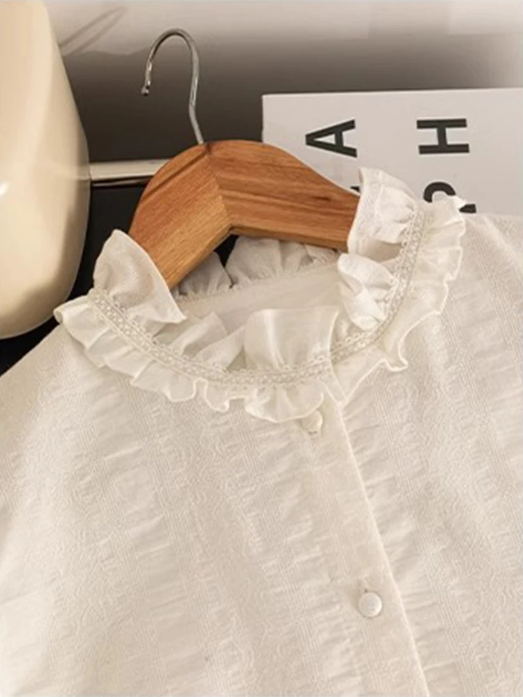 

Белая женская блузка в корейском стиле, весенняя, для офиса, с длинным рукавом, с цветочным кружевным воротником, свободного кроя, базовая, для многослойных образов