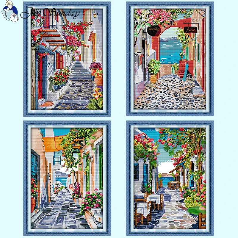 Flower Street Scenic Cross Stitch Aida 14CT Count 16CT 11CT Stamped Canvas Fabric DIY Hand Embroidery Sewing Kit Home Decor Gift