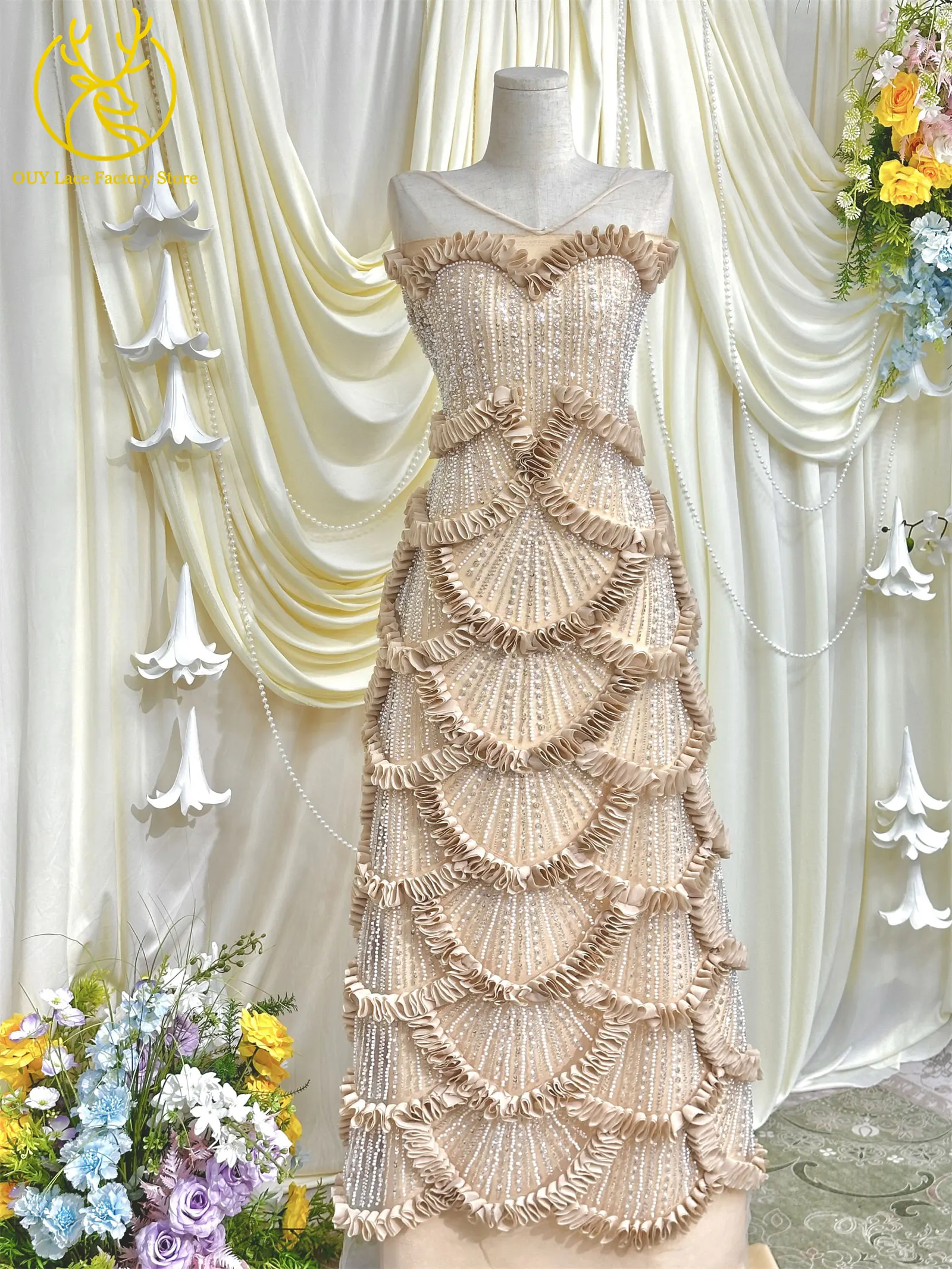 3D High-End Französischer Mesh-Stoff mit Stickerei und Perlen, Spitzenstoff 2026, Hochwertiger Afrikanischer Pailletten-Tüll für Hochzeitskleider zum Nähen – Detail 9