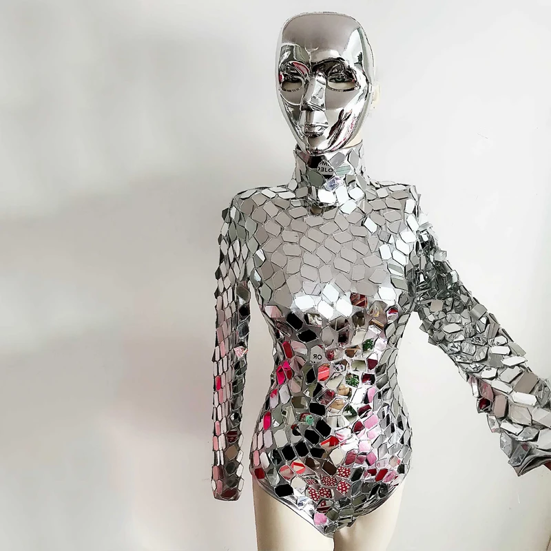 Espelho lantejoulas palco traje cantor dançarino desempenho macacão carnaval festival roupas rave outfit prata bodysuit yj031
