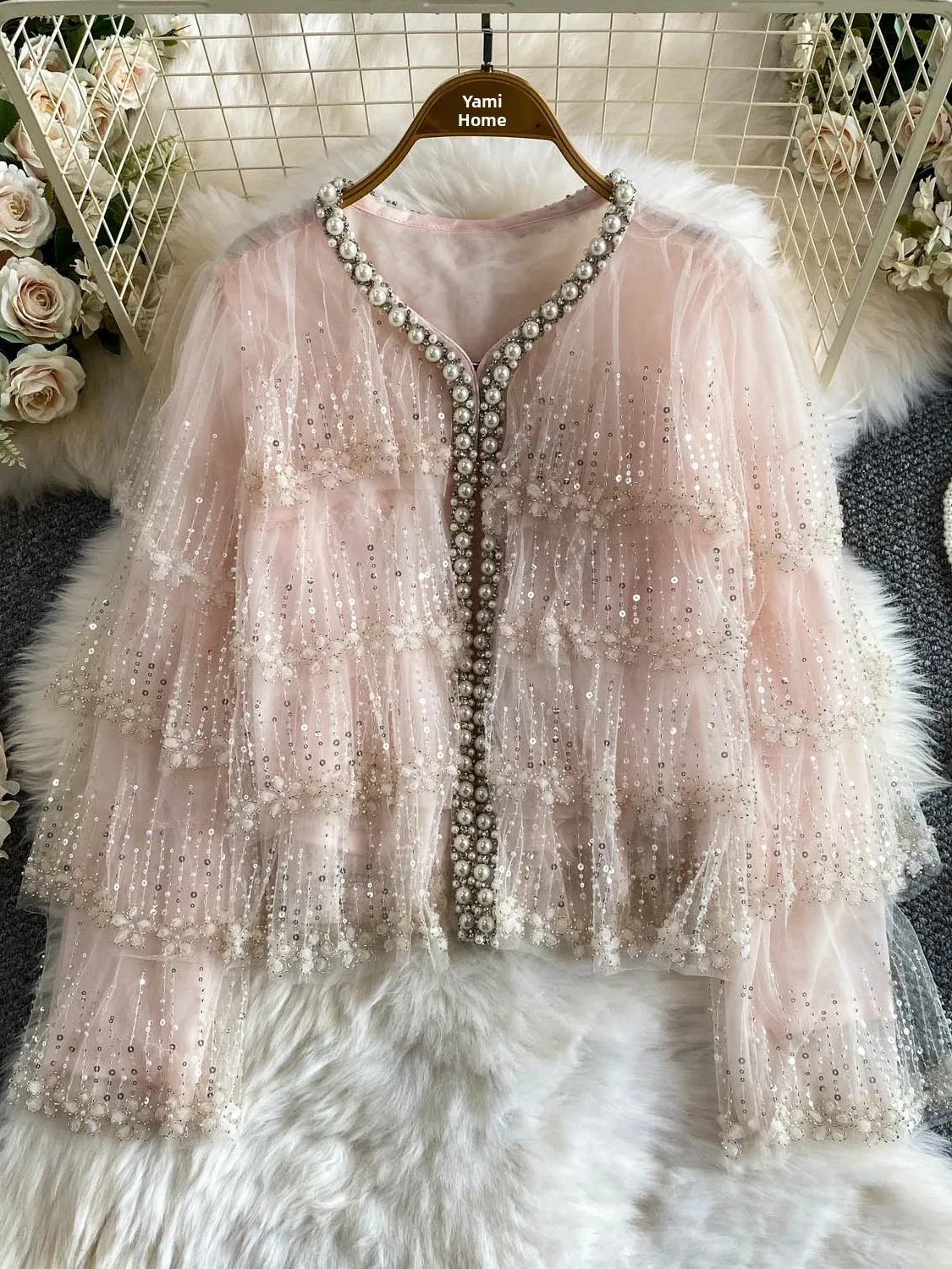 

V-Neck Sequin Mesh Jacket Women's Party Top Age-Defying Glittering Heavy Embellishment Loose Fit Summer Outerwear