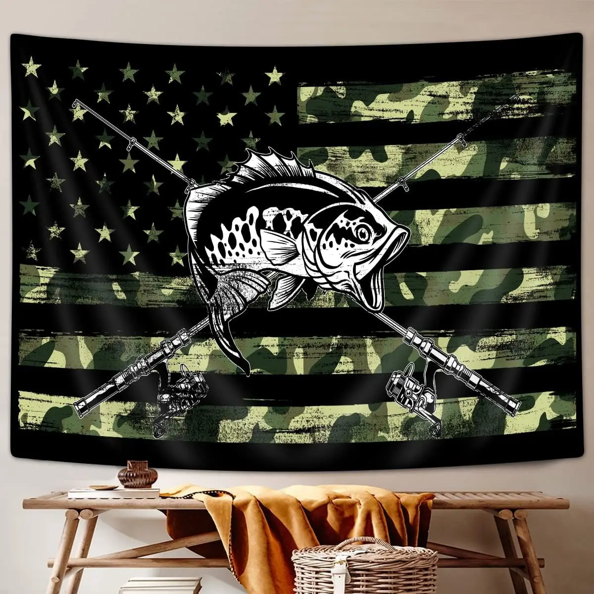 Country American Flag Fishing Tapestry, Rustic Hunting Bass Fish Camo Lake Black and Green Tapestry Wall Hanging for Men Bedroom