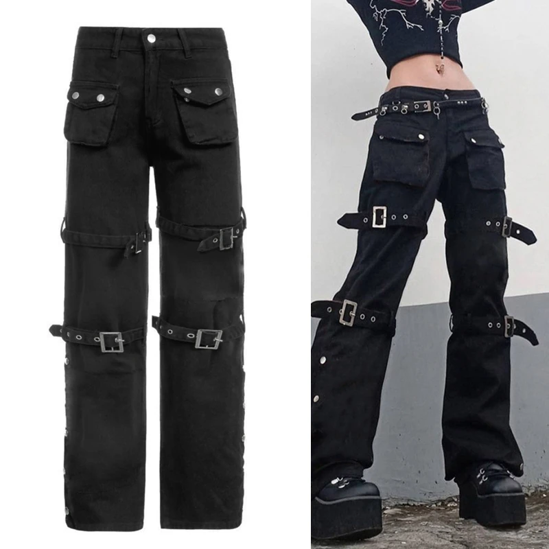 

Women Punk Black Multi Pockets Cargo Jeans Harajuku Metal Buckle Belt Straight Leg Pants Side Split Loose Trousers