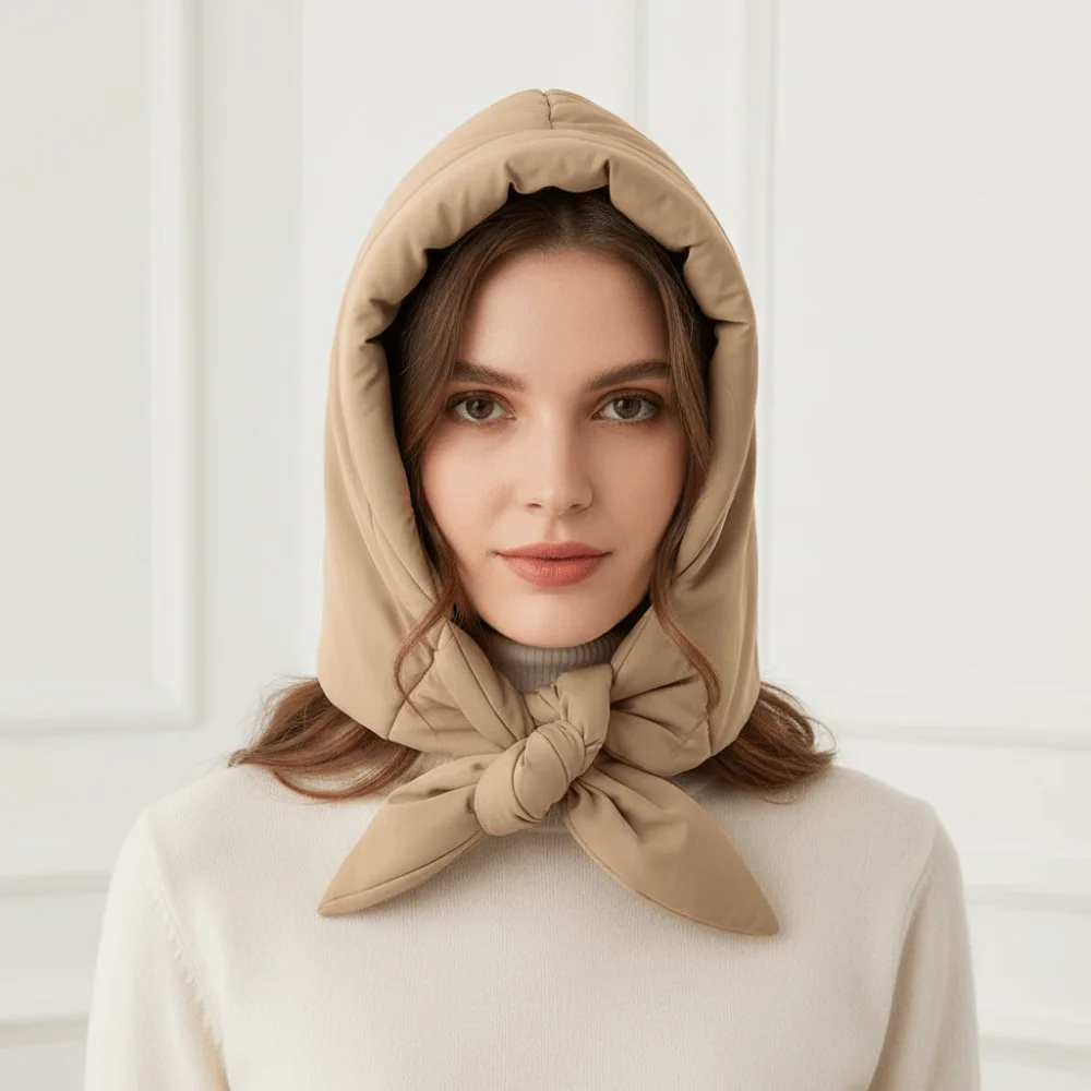 

Утолщенный зимний платок, водоотталкивающий ветрозащитный треугольный шарф, пышный дизайн, завязка на капюшоне, пуховый хлопковый шарф для активного отдыха