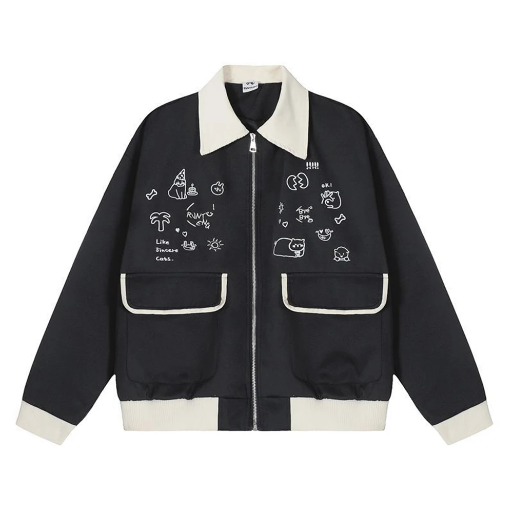 Autumn new lapel contrasting color cute embroidered coat men's and women's college style design sense loose retro student jacket