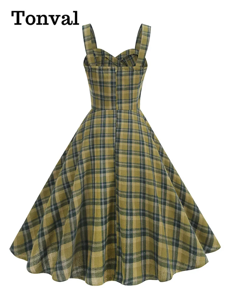 Tonval mouwloze V-hals geruite wikkeljurken voor dames jaren 1950 vintage damesfeest elegante rockabilly swingjurk