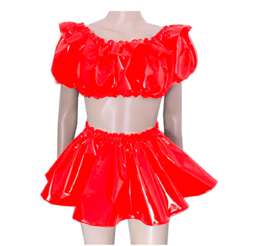 

New Hot Selling PVC Mirror Two-Piece One-Piece Neck Puff Sleeve Top And Half Skirt Suit Customization