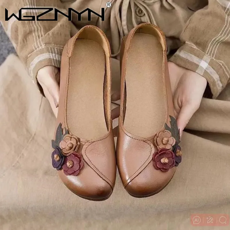 2024 Vintage Floral Ballet Flats Women's Genuine Leather Shallow Shoes Mom Driving Loafers Ladies Retro Cozy Moccasins Sneakers