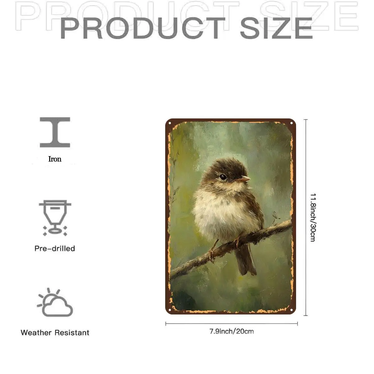 Cute Bird on Branch Painting Art Print Metal Iron aluminum Sign, Pre-Drilled Holes, Suitable for Indoor, Garden, Outdoor, Home