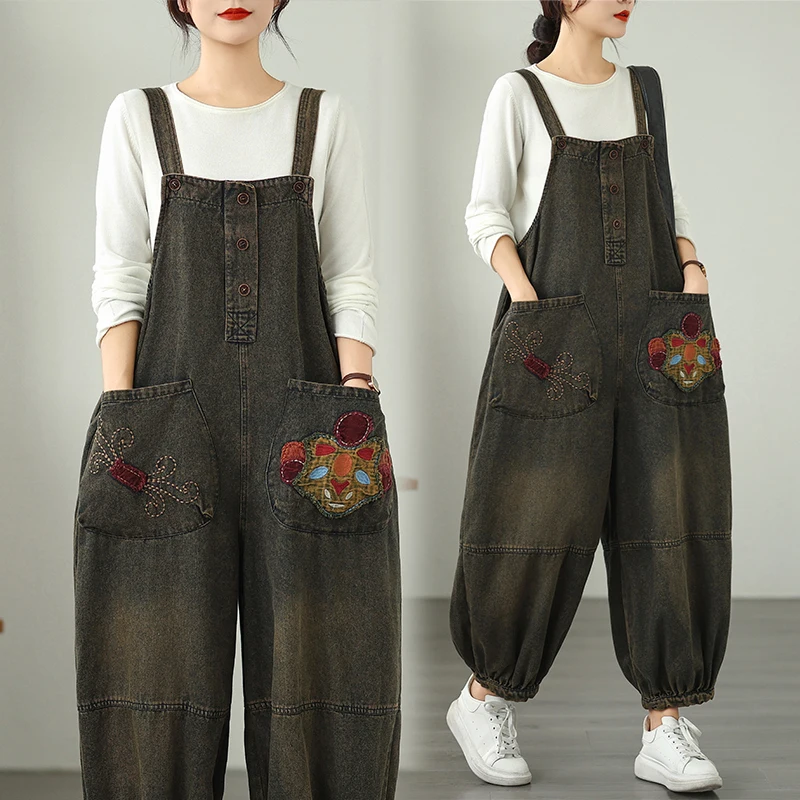 レトロなヘビー刺繍ソフトデニムワイドレッグパンツ大きいサイズカジュアル弾性ウエスト多用途快適な綿混紡ジーンズ