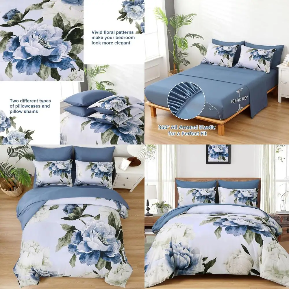 

Комплект постельного белья из 7 предметов с синим цветочным узором, включающий светло-голубое одеяло и простыни, для всех сезонов