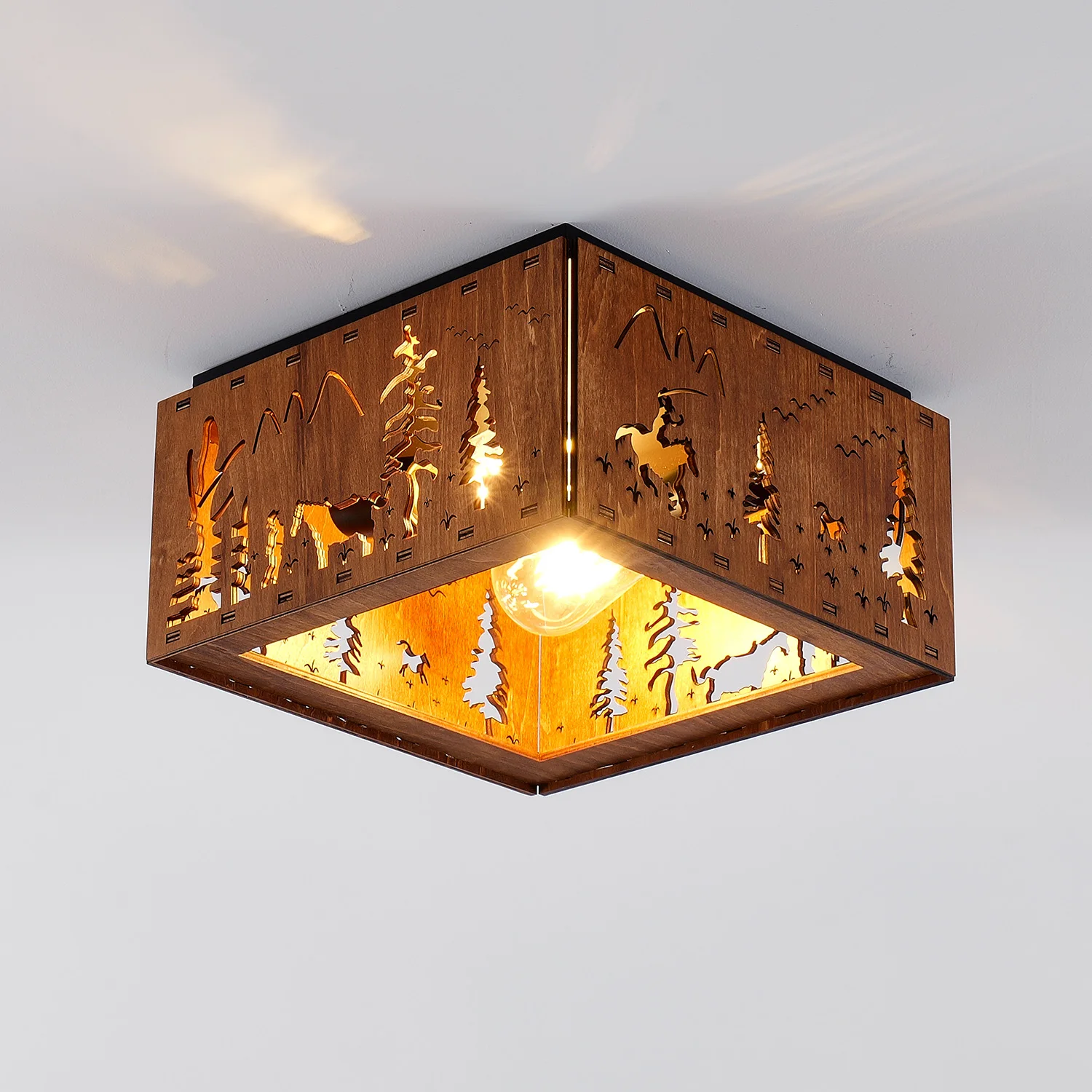 Rustic Wood Flush Mount Ceiling Light Wildlife Forest Pine Tree Cutout Square Ceiling Lamp E26 110V Farmhouse Lodge Close to Ceiling Lighting for Porch Bedroom Living Room Christmas Decor