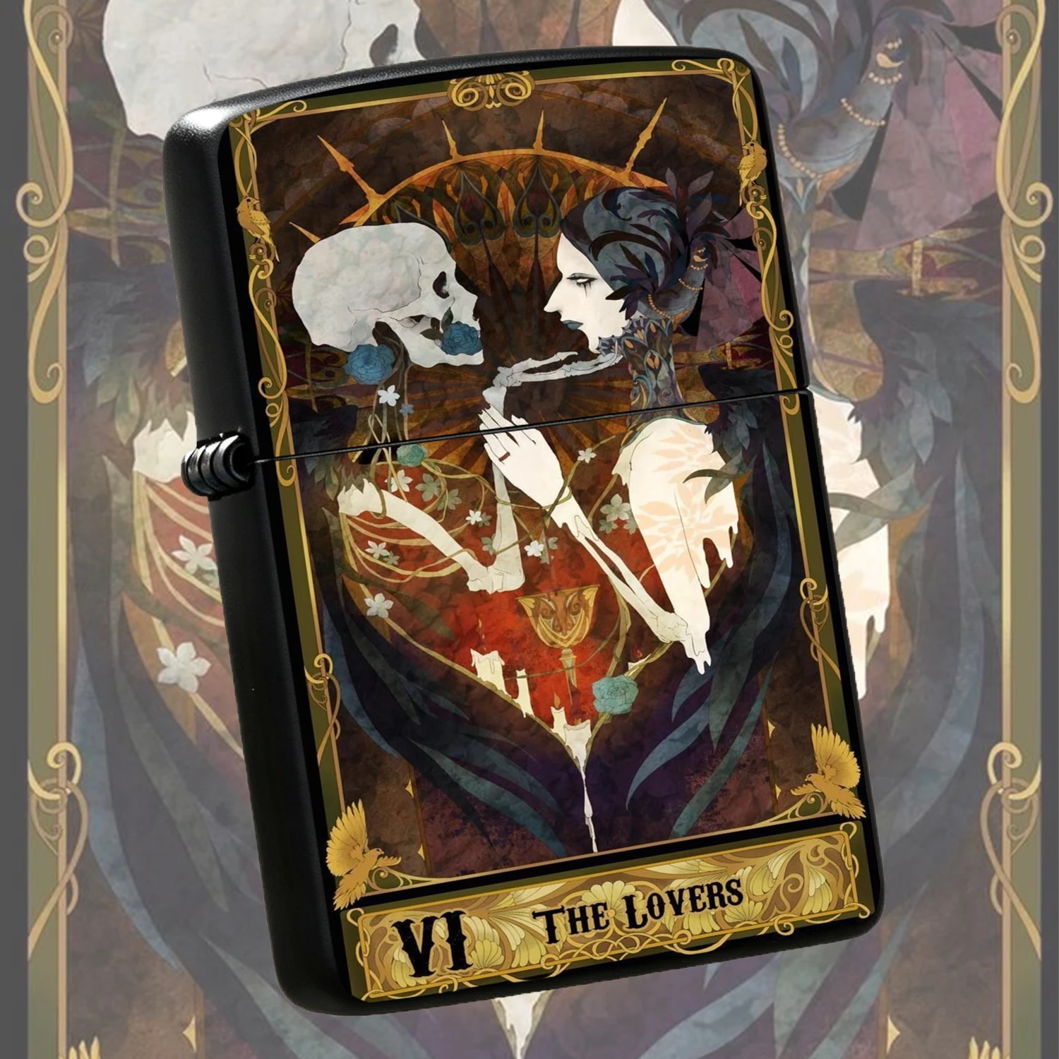 Gothic The Lovers Tarot Card Dark Art Skeleton Lovers Vintage Textured Durable Housing Portable Igniter Exquisite Collectible Igniter Unique Gift For Men Women For Daily Use Outdoor Camping A Fun And Humorous Lighter