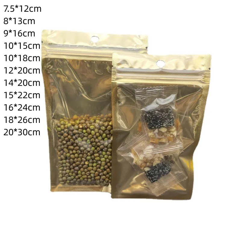 50Pcs Gold Aluminized Packaging Bag Translucent Ziplock Bag Food Packaging Storage Bag Reusable Zipper Ziplock Pack Bag